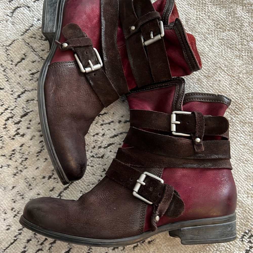 Slouchy worn in stylish brown suede leather boots with strap & buckle detail